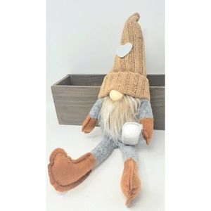 New Knitted Hat Faceless Gnome Sitting Plush Handmade Decor with Mug 14" Long